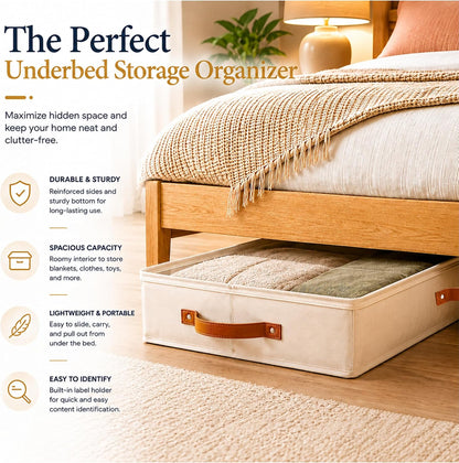 HOMELUX THEORY 2pc Low Profile Under Bed Storage Containers, Thin Under Couch Storage Organizer with Bins & Lids, Underbed Storage Box Ideal for Seasonal Clothes, Blankets, Fabric & Shoes (Ivory)