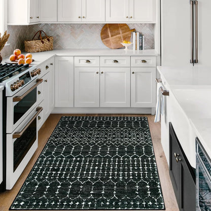 Lahome Moroccan Entry Rug 2x3, Non-Slip Washable Front Indoor Door Mat Rubber Backing Low-Profile Door Rugs, Small Geometric Print Distressed for Entryway Bathroom Kitchen, Black Hana