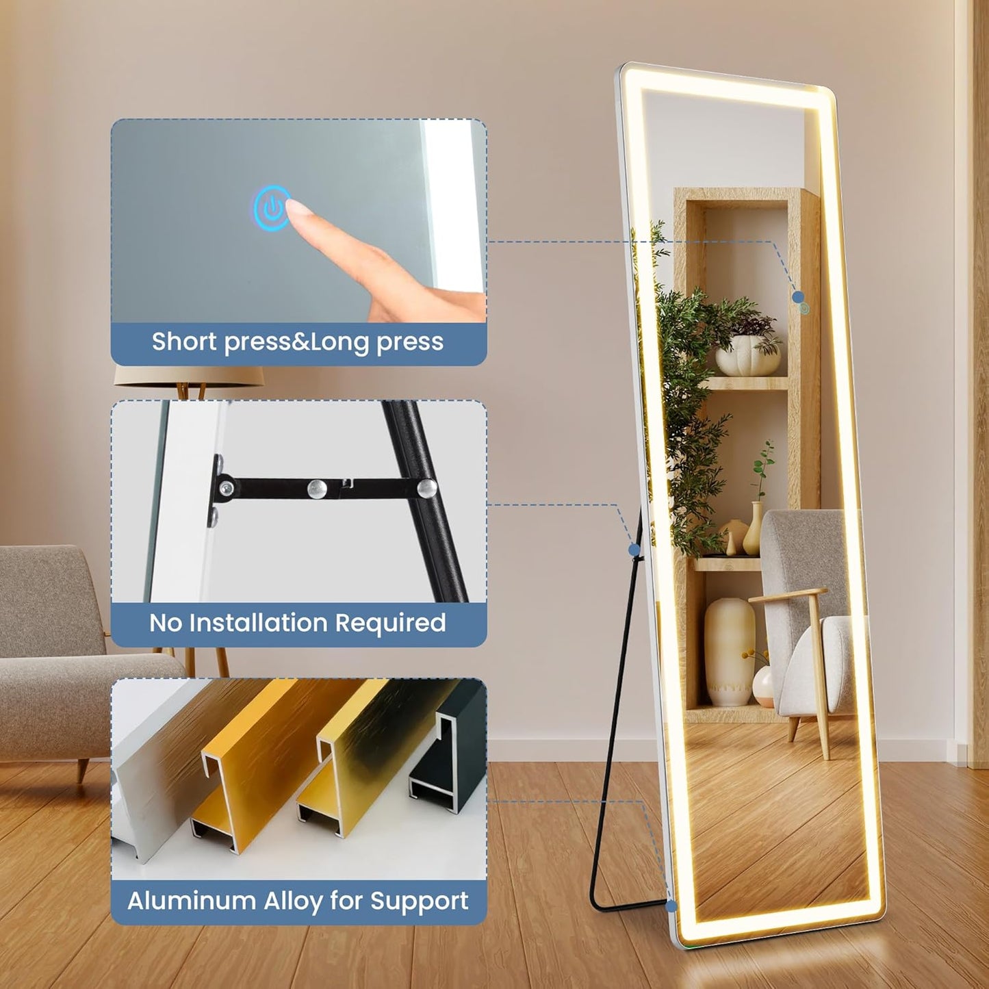 OLIXIS 64"x 21.5" Arched Mirror Full Length, Full Body Mirror with Stand, Hanging or Leaning for Wall, Floor Standing with Shatter-Proof Glass for Bedroom, Living Room, Long, Black