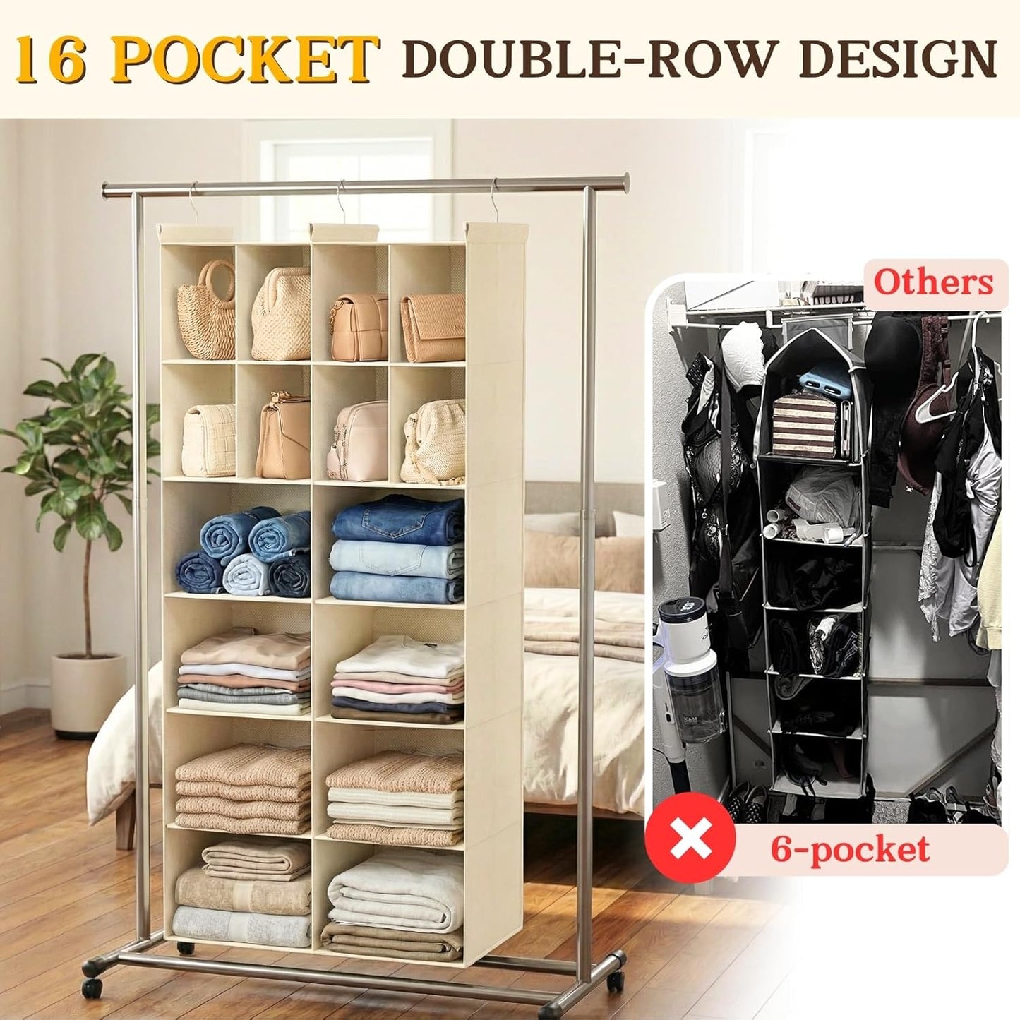 Ofiray-home 6 Tier Hanging Closet Organizer, 16 Compartments Sweater Organizer for Closet with 3 Sturdy Hooks, Closet Organizers and Storage, Wardrobe, Rv, Garment Rack, Grey