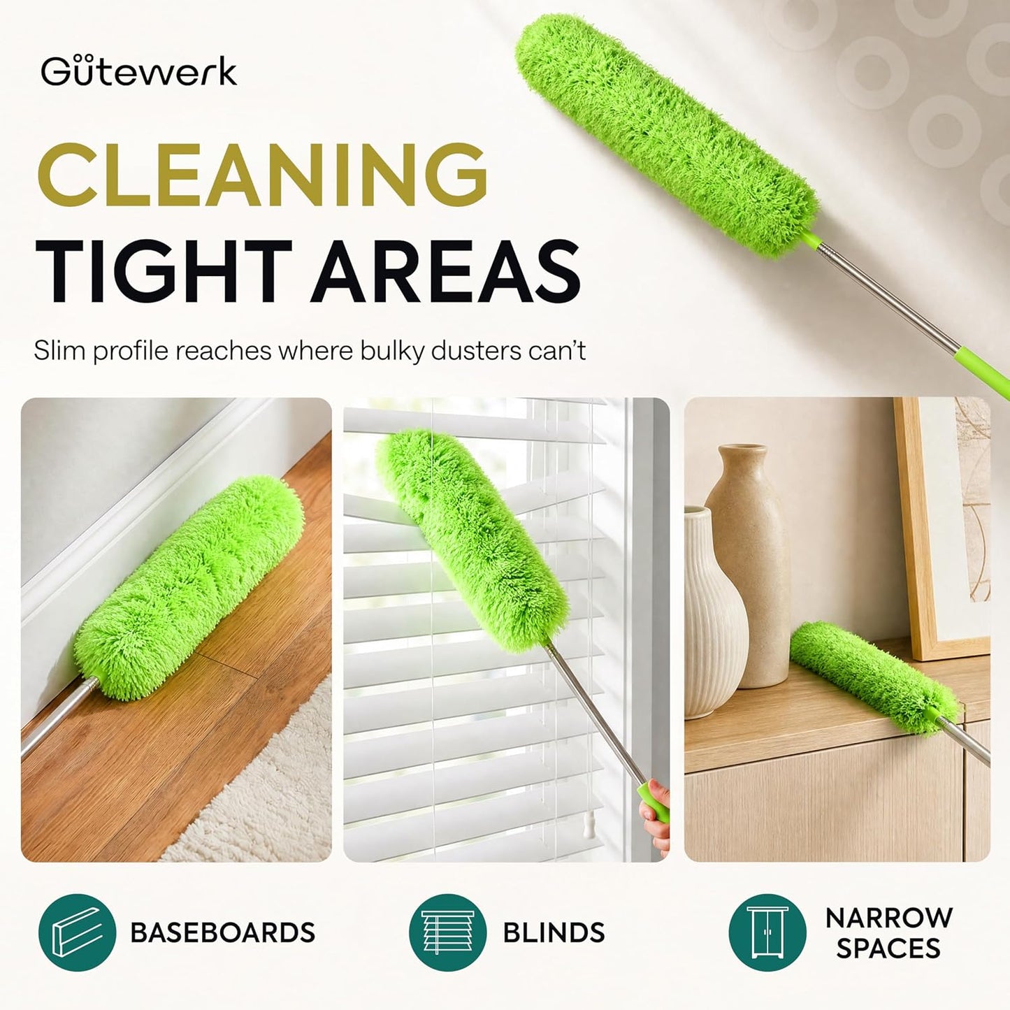 Gütewerk Extendable Microfiber Duster, 55 Inch - Feather Dusters for Cleaning Ceiling Fans, Blinds, Baseboards & High Ceilings - Washable, Electrostatic, 360° Bendable Head, Stainless Steel Pole