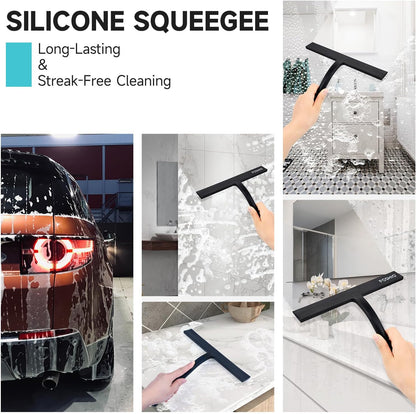 FOSHIO Shower Squeegee for Glass Doors with Suction Cup, Silicone Squeegee for Window Cleaning, Small Squeegee for Shower Glass Door, Window Squeegee with Stainless Steel Non-Slip Handle (Black)