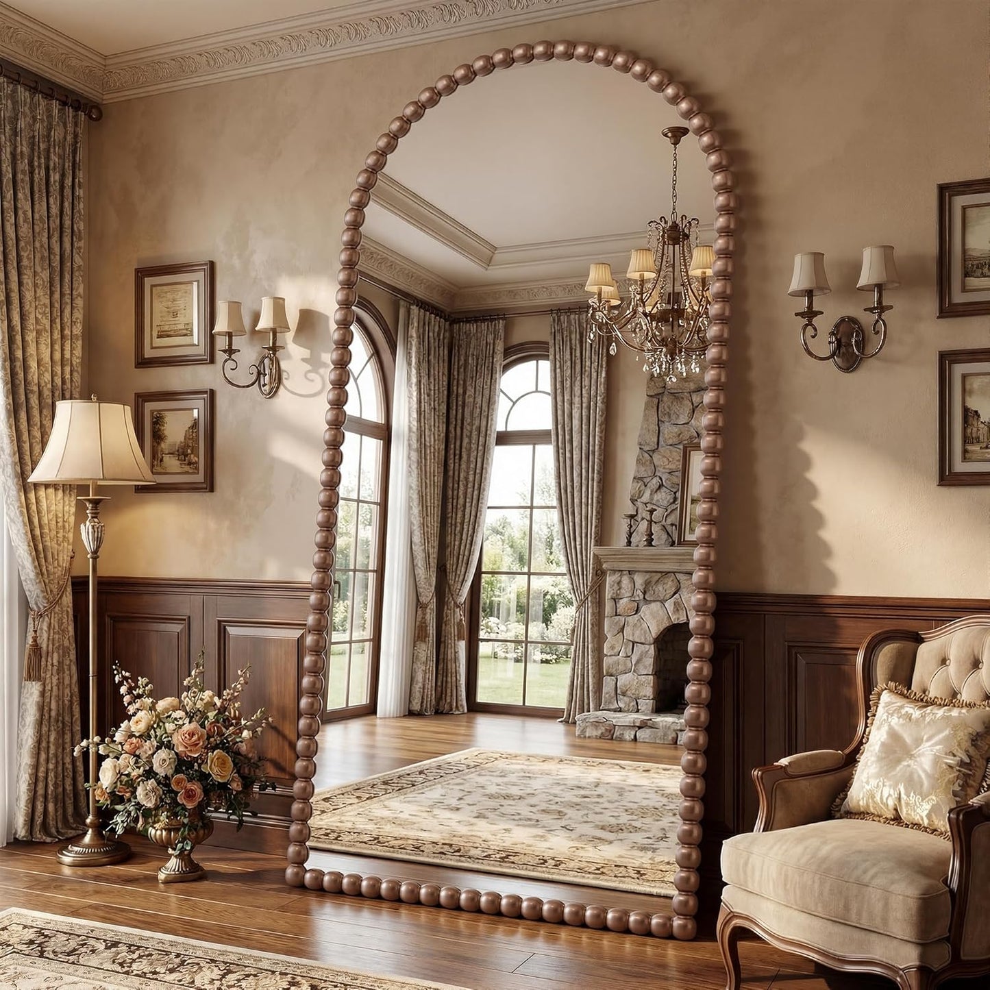 Antok 58" x 21" Arched Full Length Mirror, Antique Beaded Frame Floor Standing or Wall Mounted Mirror with Stand for Bedroom, Entryway, Brown, Luxury Style