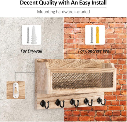 Nekon Mail and Key Holder for Wall Decorative, 11 Inch Wooden Wall Key Organizer with 5 Key Hooks, Wall Mount Storage Shelf for Entryway Hallway (Brown)