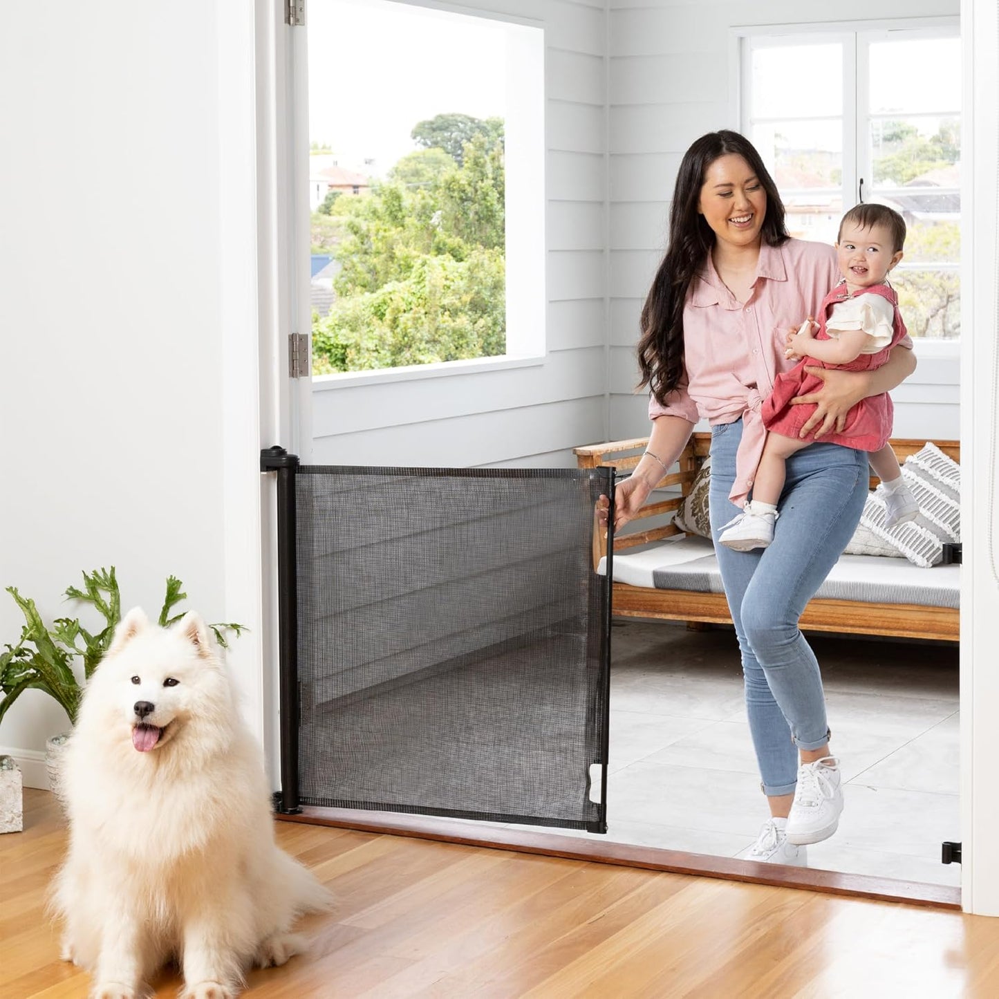 Retractable Baby Gate Perma Child Safety 33" Tall x 55” Wide, Mesh, for Stairs, Doorways, Dogs, Pets, Indoor, Outdoor, One-Handed Operation, Locking, Easy Install, Hardware Mount, White