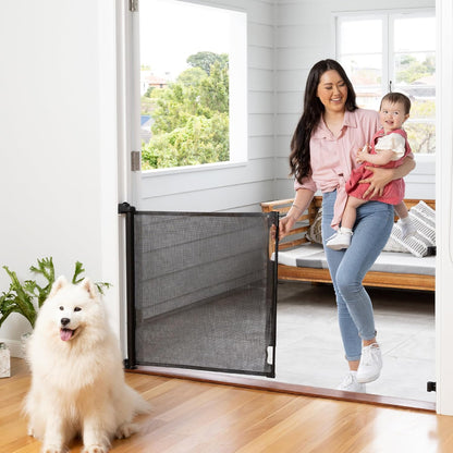 Retractable Baby Gate Perma Child Safety 33" Tall x 55” Wide, Mesh, for Stairs, Doorways, Dogs, Pets, Indoor, Outdoor, One-Handed Operation, Locking, Easy Install, Hardware Mount, White