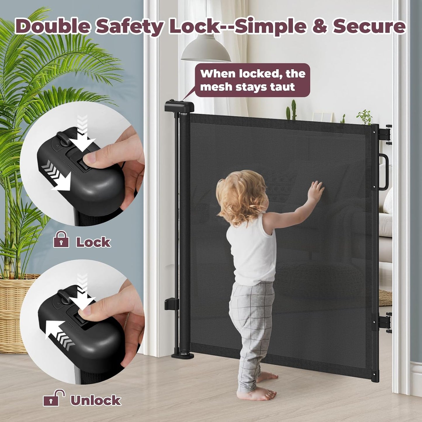 Retractable Baby Gate for Stairs & Doorways, Mesh Dog Gate Indoor Outdoor, Extends to 55" Wide 34" Tall Child Gate for Hallways, Deck, Porch, Pet Toddler Safety Essentials, Easy Install, Grey