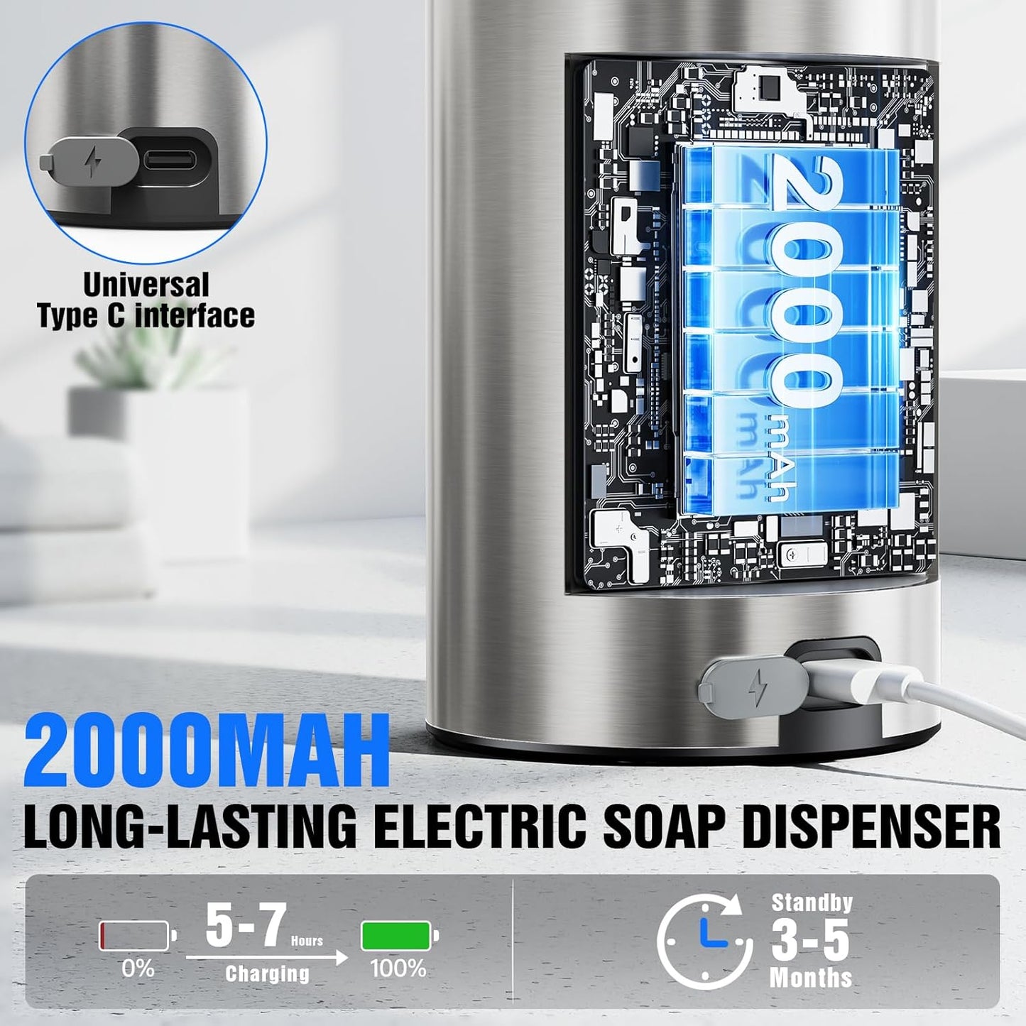 Fantictas Automatic Foaming Soap Dispenser Touchless, Stainless Steel 11.5 oz 3 Levels Adjustable Hand Soap Dispenser with Rechargeable Sensor Pump for Kitchen & Bathroom Liquid Soap