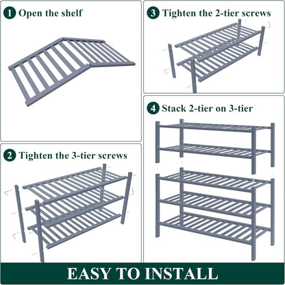 Smiry Bamboo Shoe Rack for Closet, 3 Tier Wooden Shoe Organizer, Stackable Wood Shoe Storage Shelf for Entryway, 14 Vertical Slats, One-piece Heavy-Duty Legs, 26.77"x11.02"x18.31", Natural