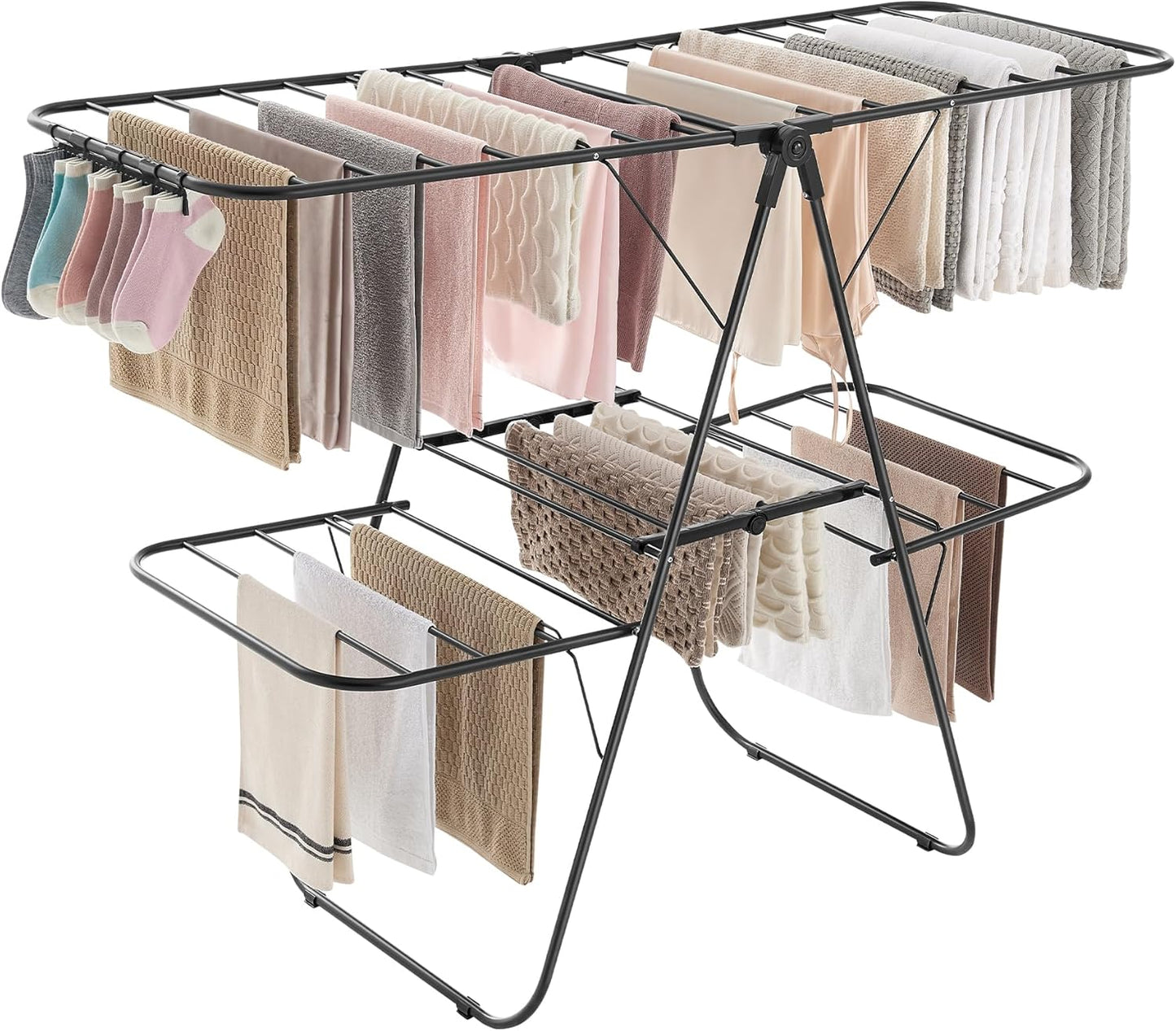 SONGMICS Clothes Drying Rack, with Sock Clips, Metal Laundry Rack, Foldable, Space-Saving, Free-Standing Airer, with 2 Height-Adjustable Gullwings, Indoor Outdoor Use, Gray ULLR052G01