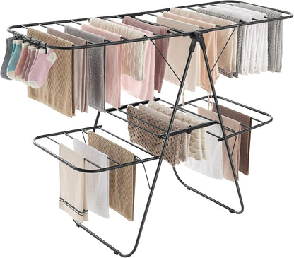 SONGMICS Clothes Drying Rack, with Sock Clips, Metal Laundry Rack, Foldable, Space-Saving, Free-Standing Airer, with 2 Height-Adjustable Gullwings, Indoor Outdoor Use, Gray ULLR052G01