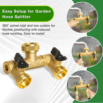 360° Swivel Garden Hose Splitter 2 Way, Solid Brass Water Hose Splitter with Dual Shutoff Valves, 3/4" GHT Thread Leak-Proof Hose Connector for Outdoor Faucet Lawn, Irrigation & Washing