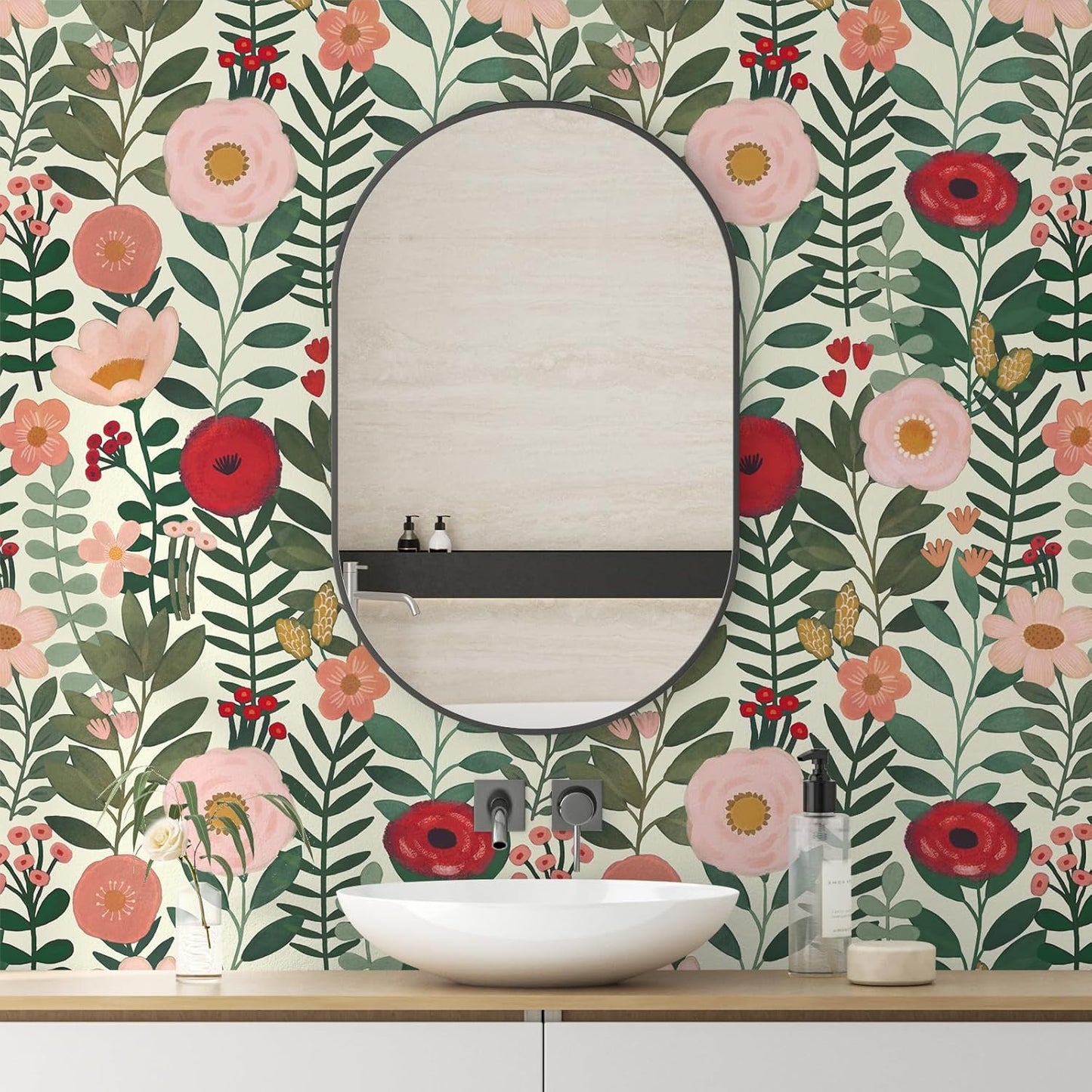 HAOKHOME Floral Peel and Stick Wallpaper Boho Vintage Wall Paper Removable for Bathroom Nursery Beige/Pink/Red Contact Paper 17.3in x 9.8ft