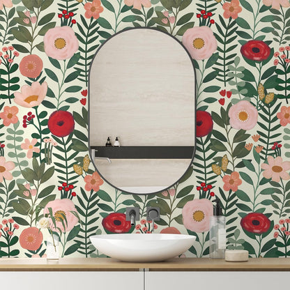 HAOKHOME Floral Peel and Stick Wallpaper Boho Vintage Wall Paper Removable for Bathroom Nursery Beige/Pink/Red Contact Paper 17.3in x 9.8ft