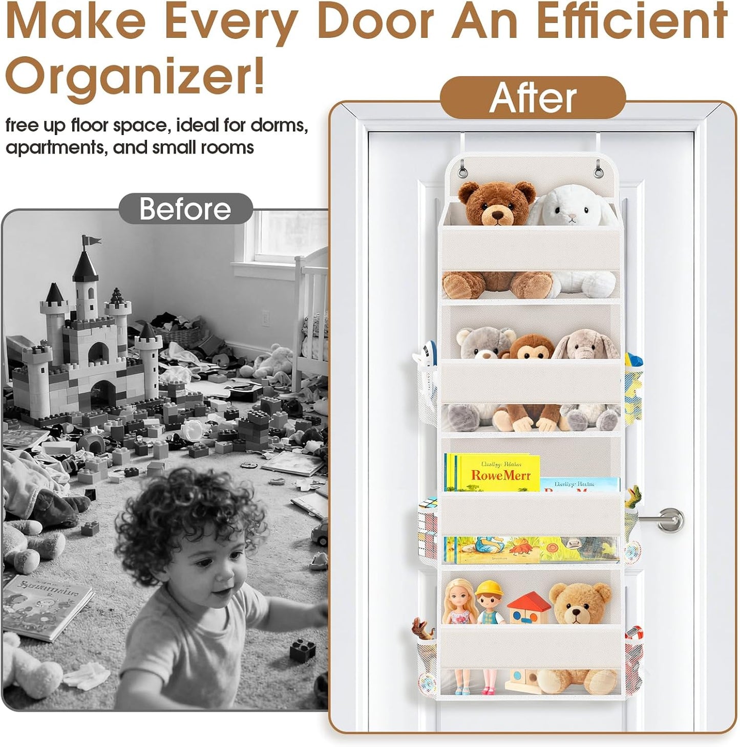 WISELIFE Over The Door Organizer Storage with 4 Large Pockets Door Hanging Organizer with Clear Windows behind The Door Storage for Nursery Bedroom Bathroom Pantry Closet and Baby Essentials Dark Grey