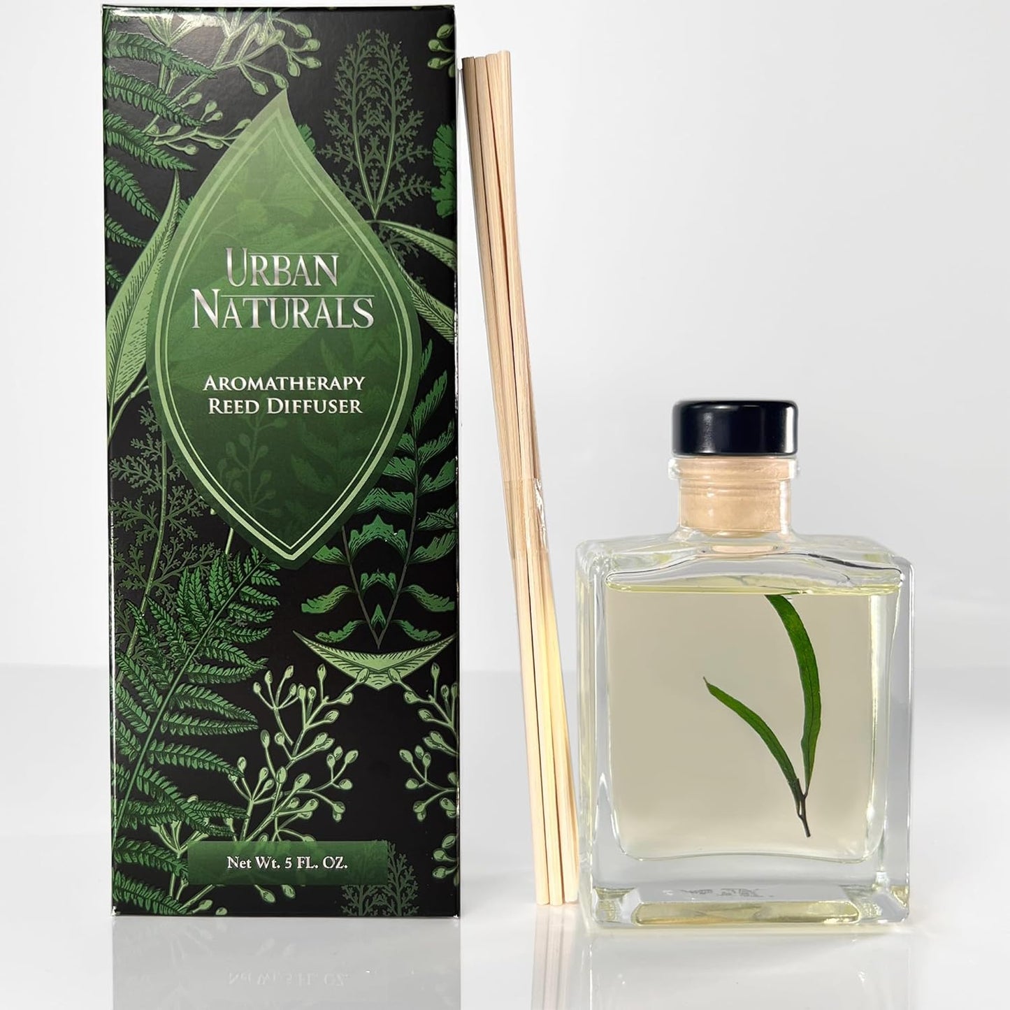 Urban Naturals Smoked Vanilla Reed Diffuser Set with Vanilla Bean, Sandalwood & Leather – 5 Ounce Sleek Black Rectangular Refillable Glass Bottle – Made in the USA