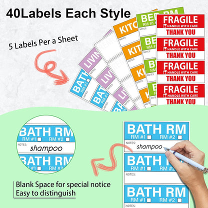 Yoget 42x90mm Large Home Moving Labels for Apartment Moving, 4 Different Color Coded Packing Stickers + 40Pcs Fragile Stickers + 40 Pcs Removable Blank Furniture Labels (240 Labels)