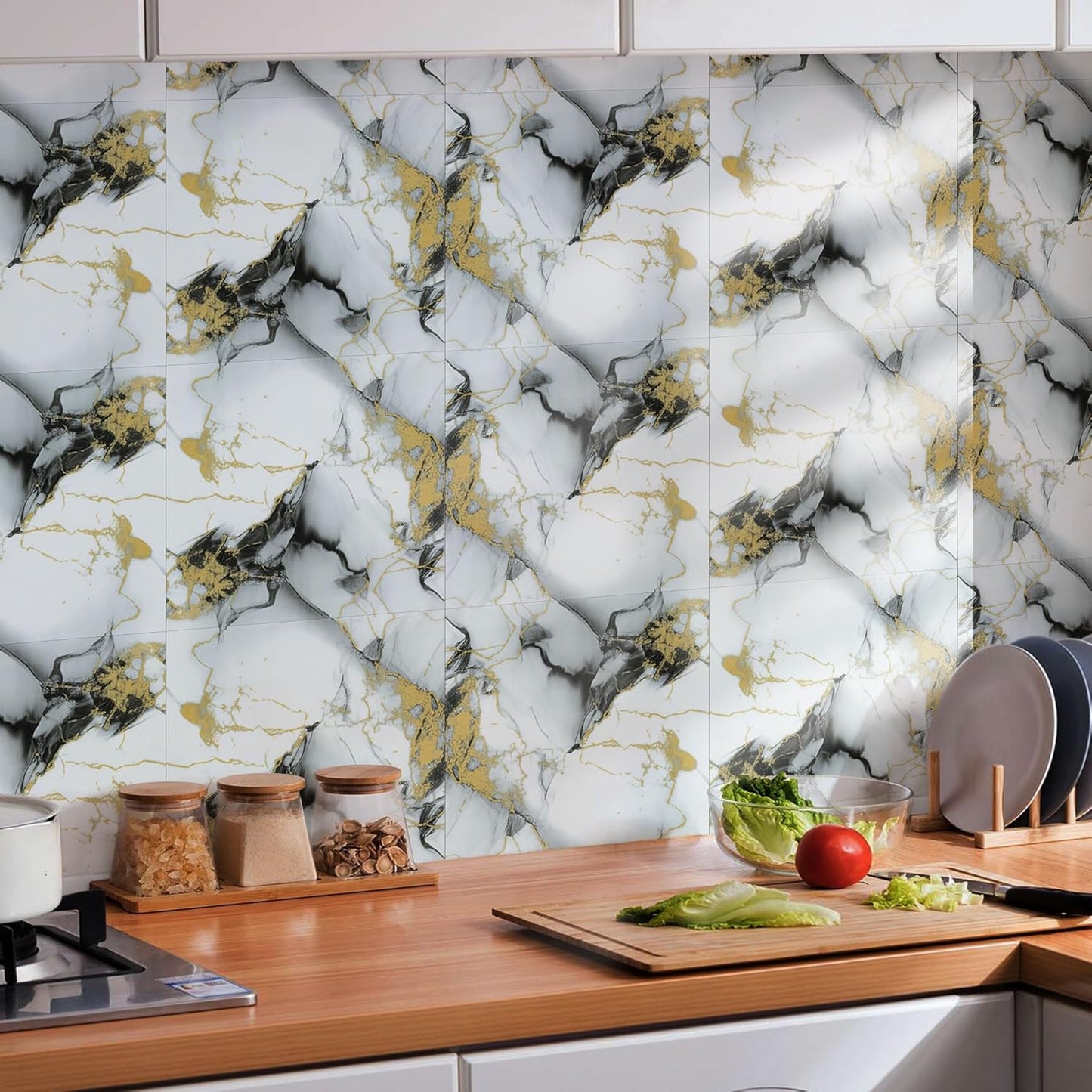 Peel and Stick Tile Shower Waterproof Marble Tiles Wall Panels, 11.8"x11.8" Self-Adhesive Backsplash Tile, 20 Pack