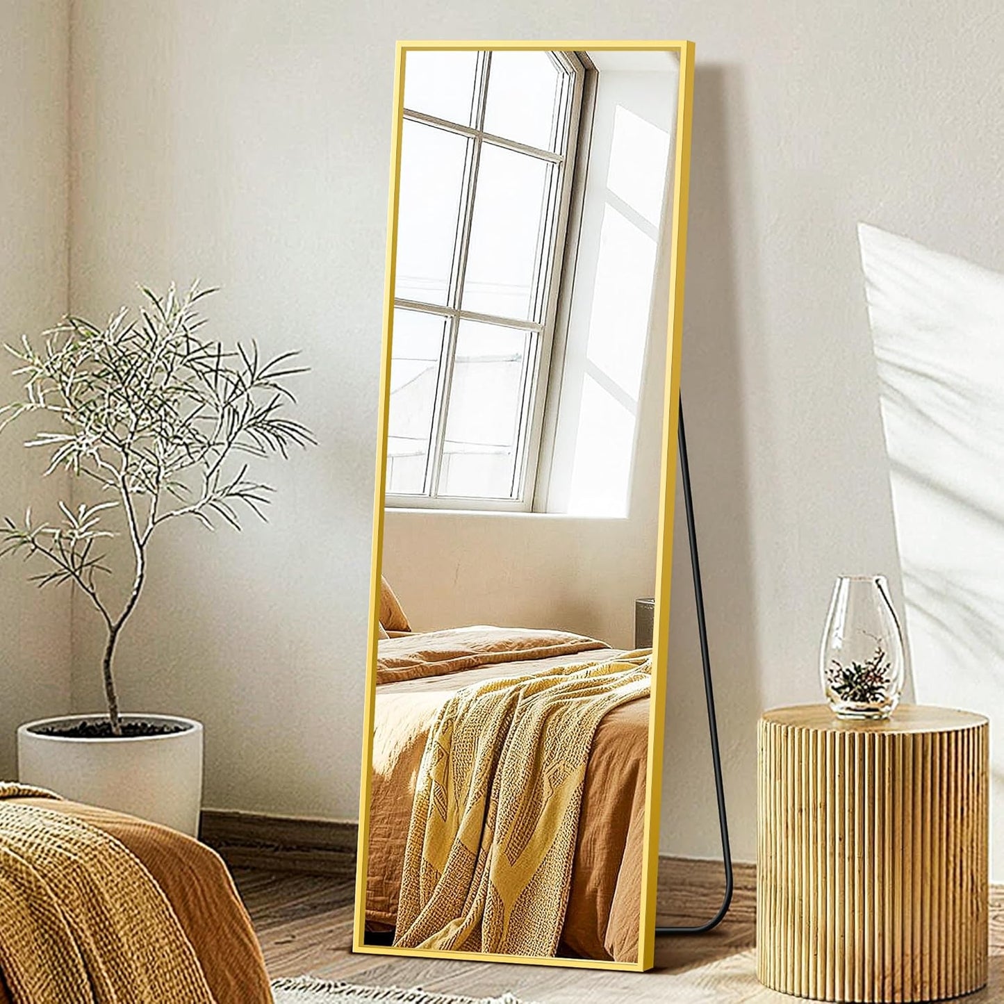 FICTOR Full Length Mirror with Stand, Floor Standing Mirror Full Body, HD Shatterproof Black Frame Wall Mirror for Bedroom, Living Room, Dressing Room & Entryway, 56"x15"