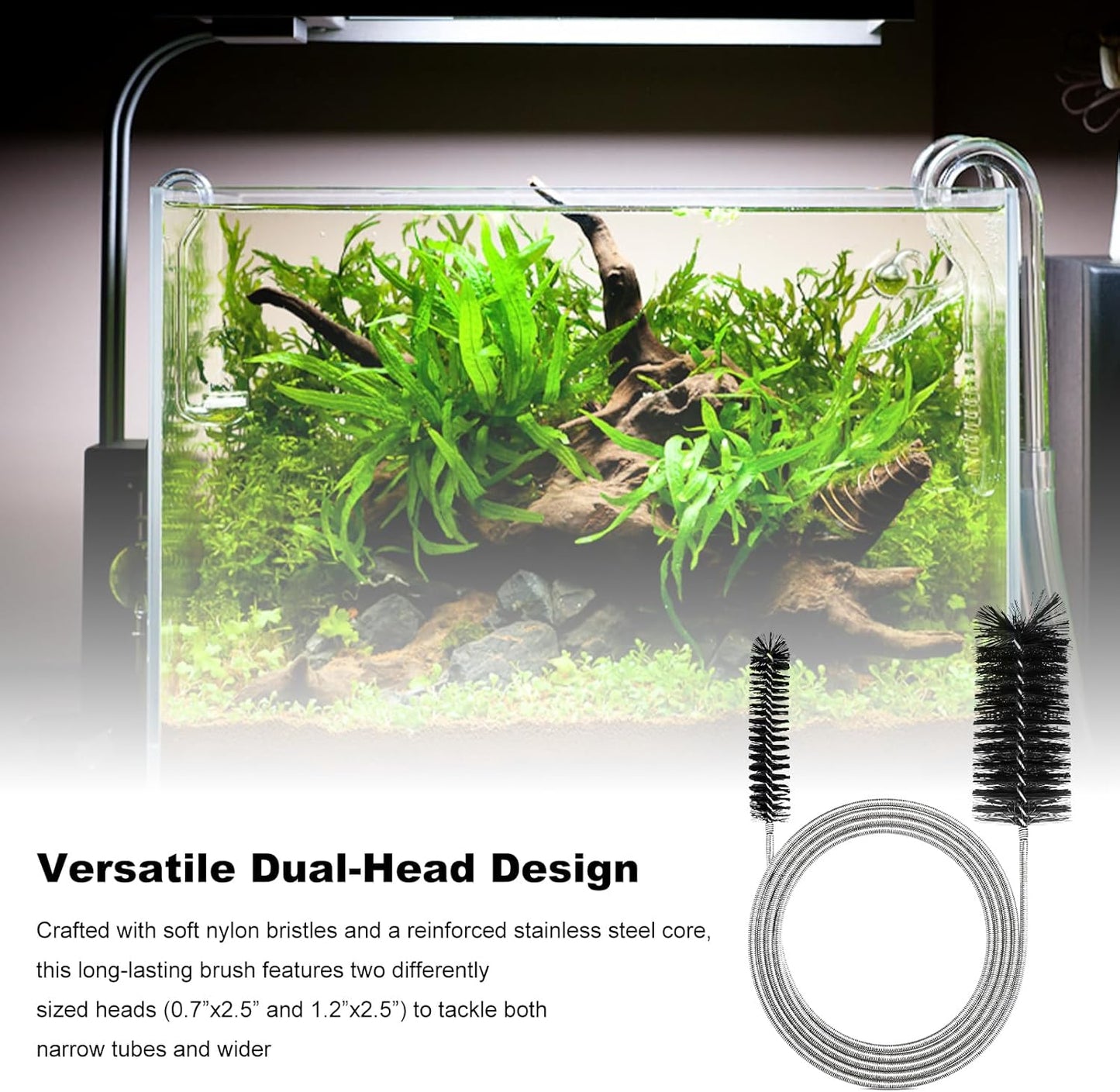 2-Pack Flexible Dual-Ended Aquarium & Kitchen Tube Brush – Stainless Steel Core with Durable Black Plastic, 61-Inch Long Cleaning Tool for Hoses, Pumps, and Narrow Pipes（Black）