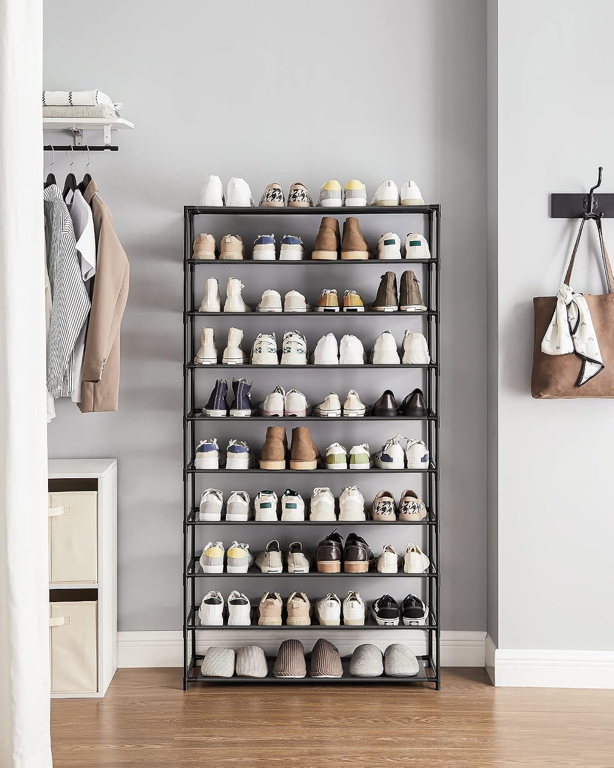 SONGMICS Shoe Rack, 2-Tier Shoe Storage Organizer, Space-Saving, 11.7 x 16.5 x 12.2 Inches, Entryway, Metal Frame, Non-Woven Fabric Shelves, Ink Black ULSH012BH01