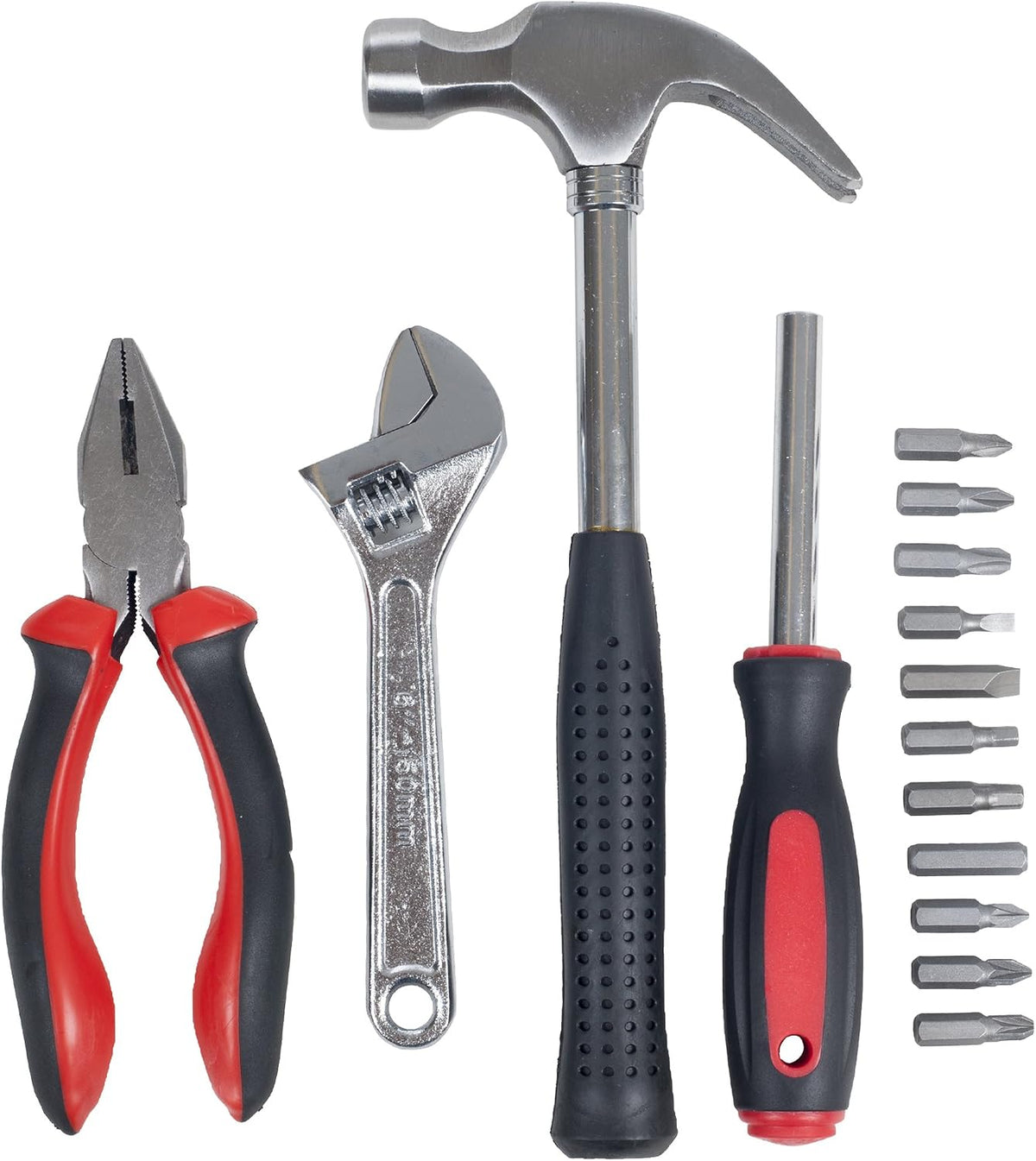 15-Piece Tool Set - Household Tool Kit with Hammer, Multi-Bit Screwdriver Set, Pliers, Wrench- Tools and Equipment for DIY Projects by Stalwart (Red)
