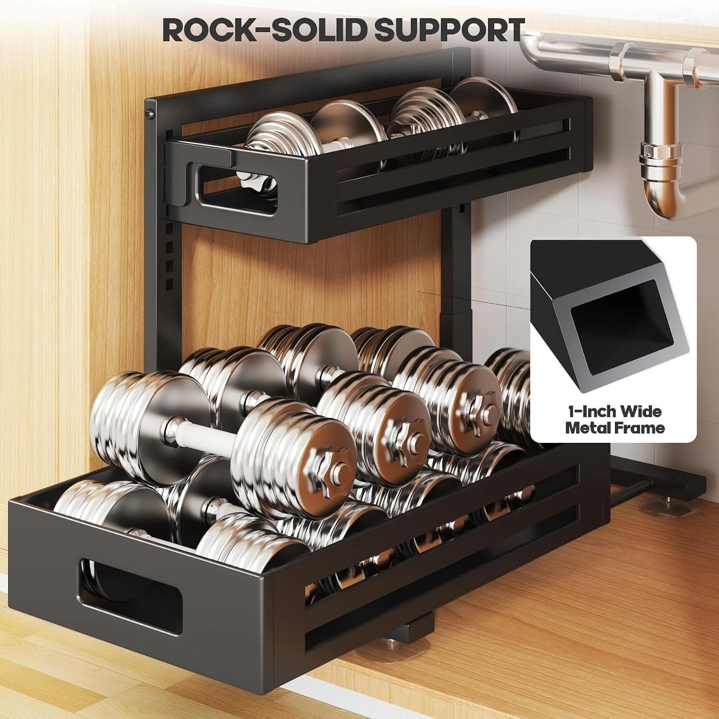 2 Pack Under Sink Organizer,Pull Out Cabinet Organizer with Smooth Cylindrical Rail,Metal Slide Out Drawer for Kitchen Bathroom Laundry Cabinet,8-Level Tool Free Height Adjustable-Black