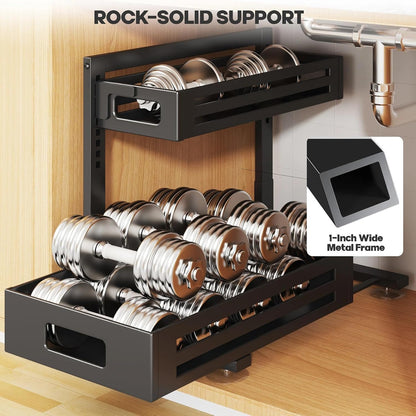 2 Pack Under Sink Organizer,Pull Out Cabinet Organizer with Smooth Cylindrical Rail,Metal Slide Out Drawer for Kitchen Bathroom Laundry Cabinet,8-Level Tool Free Height Adjustable-Black