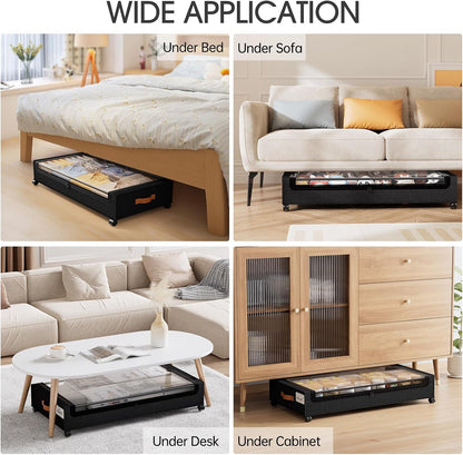 Yecaye Under Bed Storage with Wheels, 2 Pack Under Bed Storage Containers, 60L Underbed Shoe Storage with Clear Window & Label, Rolling Under Bed Metal Drawer for Clothes, Shoes, Books, Blankets