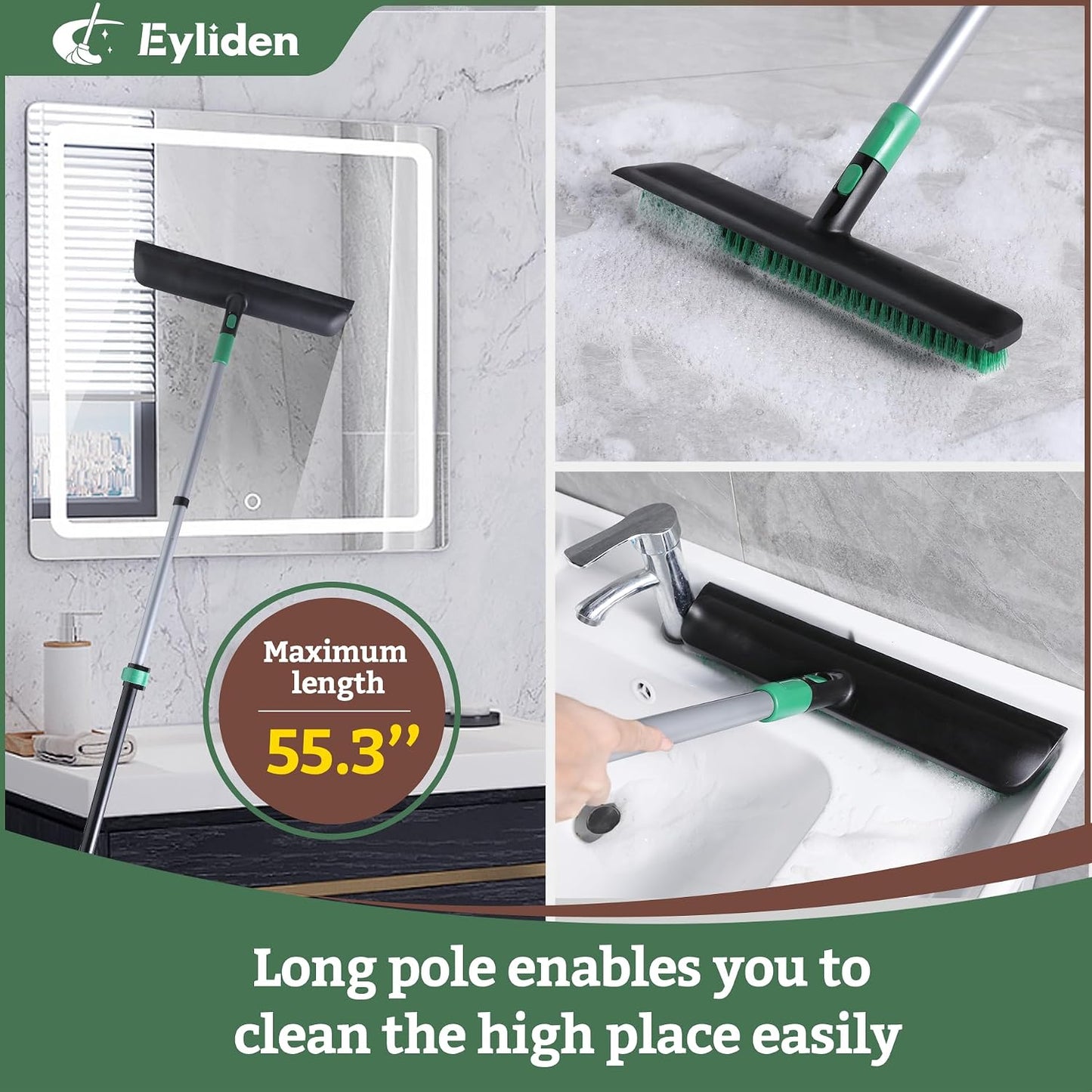 Eyliden Floor Scrub Brush, 15-inch Wide, 55" Long Handle Deck Brush | 2-in-1 Stiff Bristles and Rubber Squeegee, 45° Angle Head, Telescoping Handle, for Bathroom Shower Kitchen Patio Garage