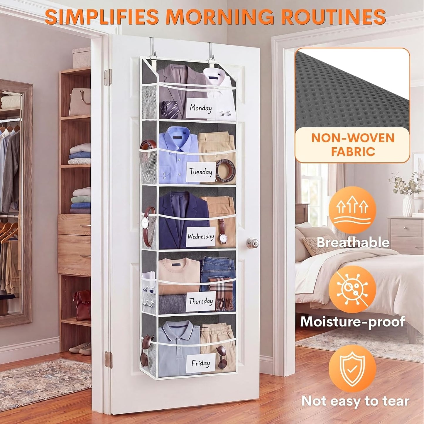 Over The Door Organizer, 5-Tier Extra Large Behind Door Storage with 10 Big Front & 10 Mesh Pockets, 80lb Capacity, Hanging Storage Organizer with Clear Window Kids Toys, Shoes, Diapers, Light Grey