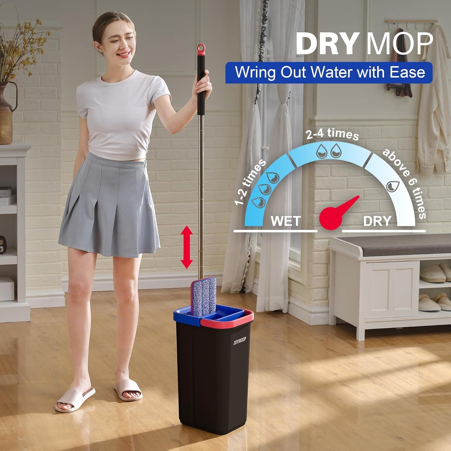 JOYMOOP Mop and Bucket Set, Flat Mops for Floor & Wall Cleaning, Commercial & Household Use, Hardwood Floor Mop with Long Handle & 4 Microfiber Pads