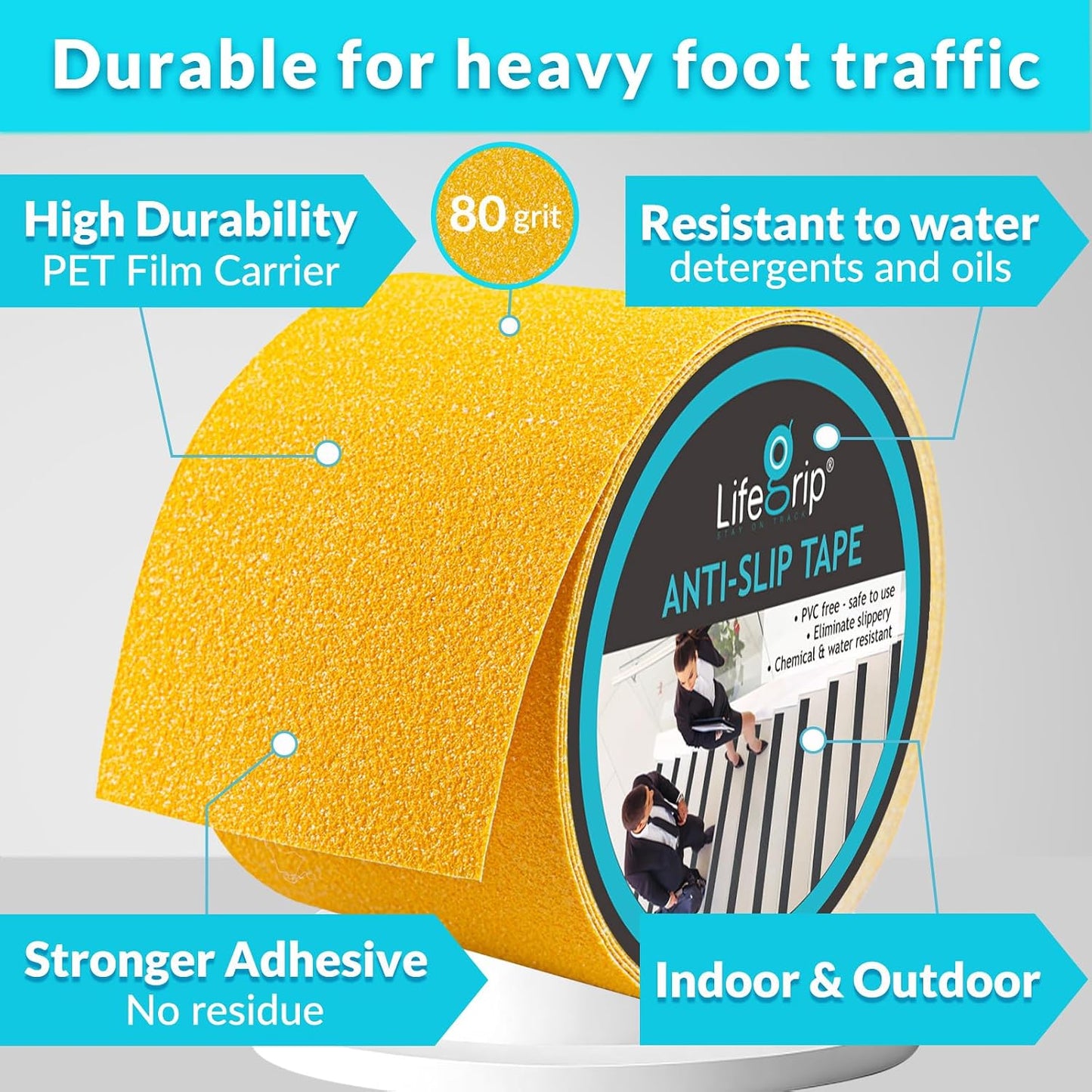 Lifegrip Anti Slip Tape, 4 Inch x 15 Foot Non-Slip Traction Grip Tape for Stairs, Waterproof Stair Treads Grip Non Slip, Non Skid Tape for Steps, Outdoor Black Grip Tape (4" X 15')