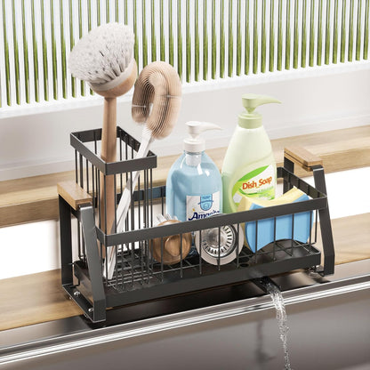 Sink Caddy Organizer with Wooden Handle & Self-Draining Tray, Trapezoid Kitchen Sponge Holder with Non-Slip Suction Cups , Organizer for Sponge, Brush, Soap Dispenser for Sink and Bathroom Countertop