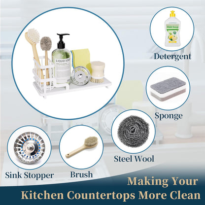 Consumest Sponge Holder for Kitchen Sink - Sink Caddy Organizer with Water Absorbing Stone Tray, Detachable Brush Holder, Stainless Steel Kitchen Counter Organizer Rack, Black