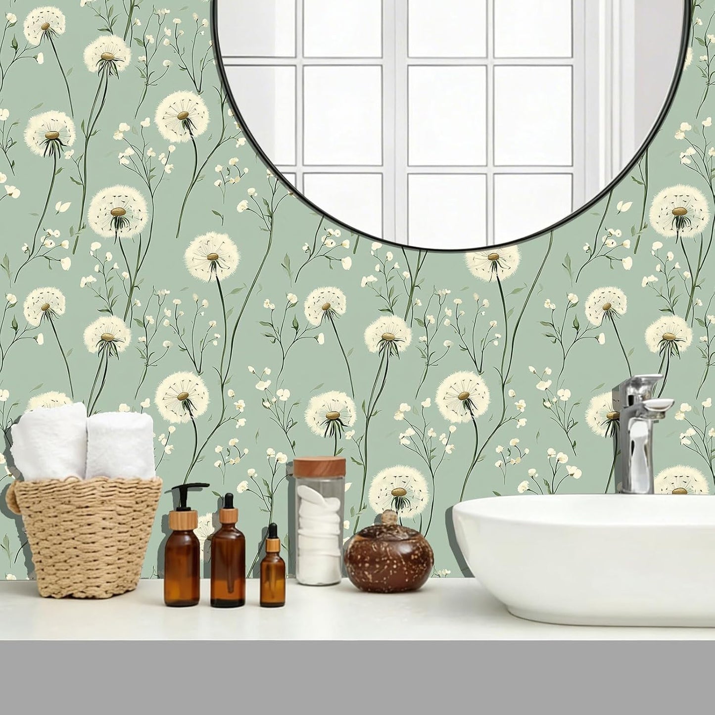 Dandelion Floral Peel and Stick Wallpaper Green Self Adhesive Removable Vinyl Wallpaper Botanical Floral Watercolor Boho Accent Wall for Bedroom Living Room Nursery 17.7" X 118"