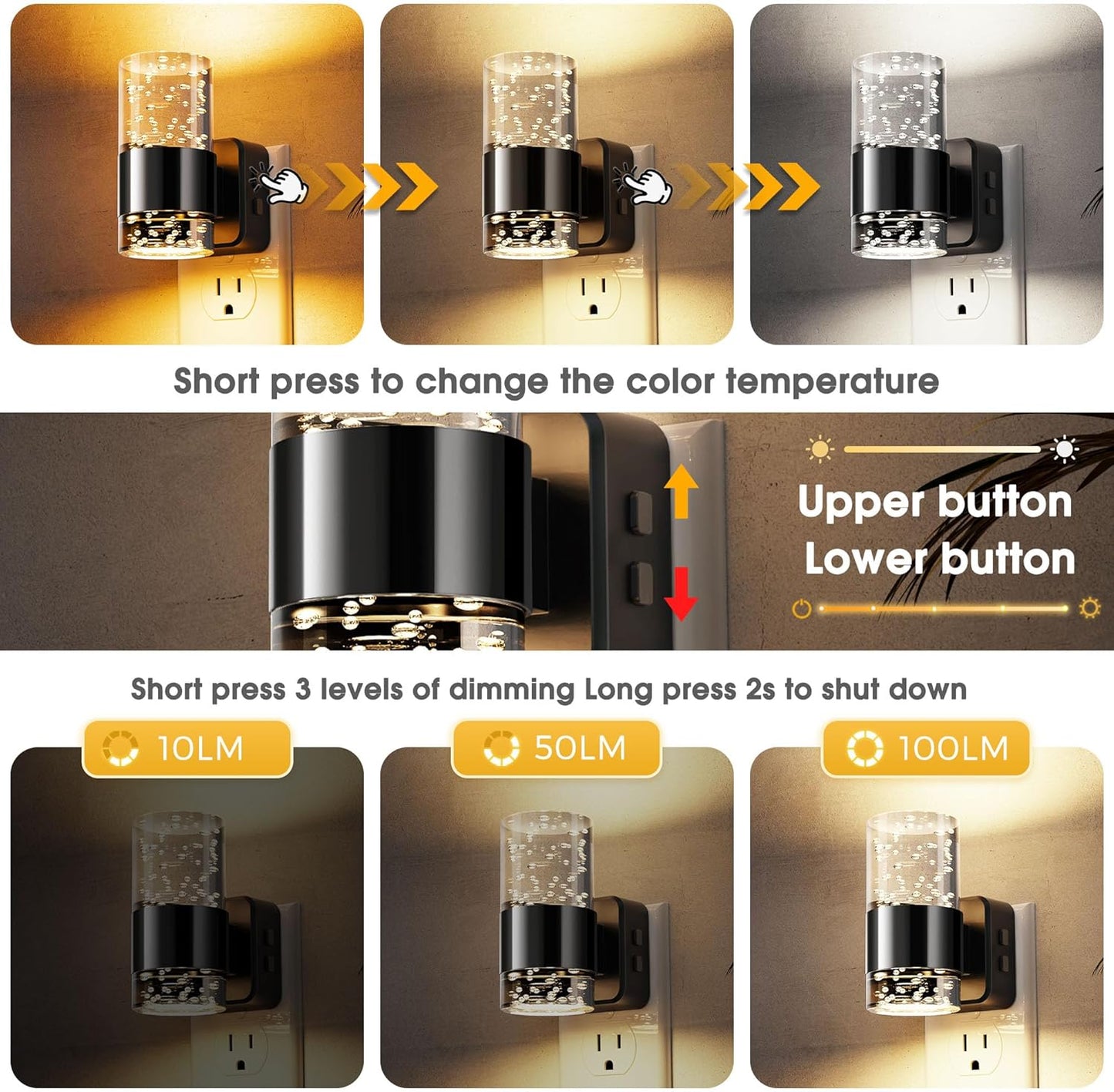 L LOHAS LED Night Light, Bubble Night Lights Plug into Wall,2 Pack 3000K/4000k/5000K Adjustable Color Temperature Night Light,Dimmable Nightlights with Dusk to Dawn Sensor for Rooms Bathroom Hallway