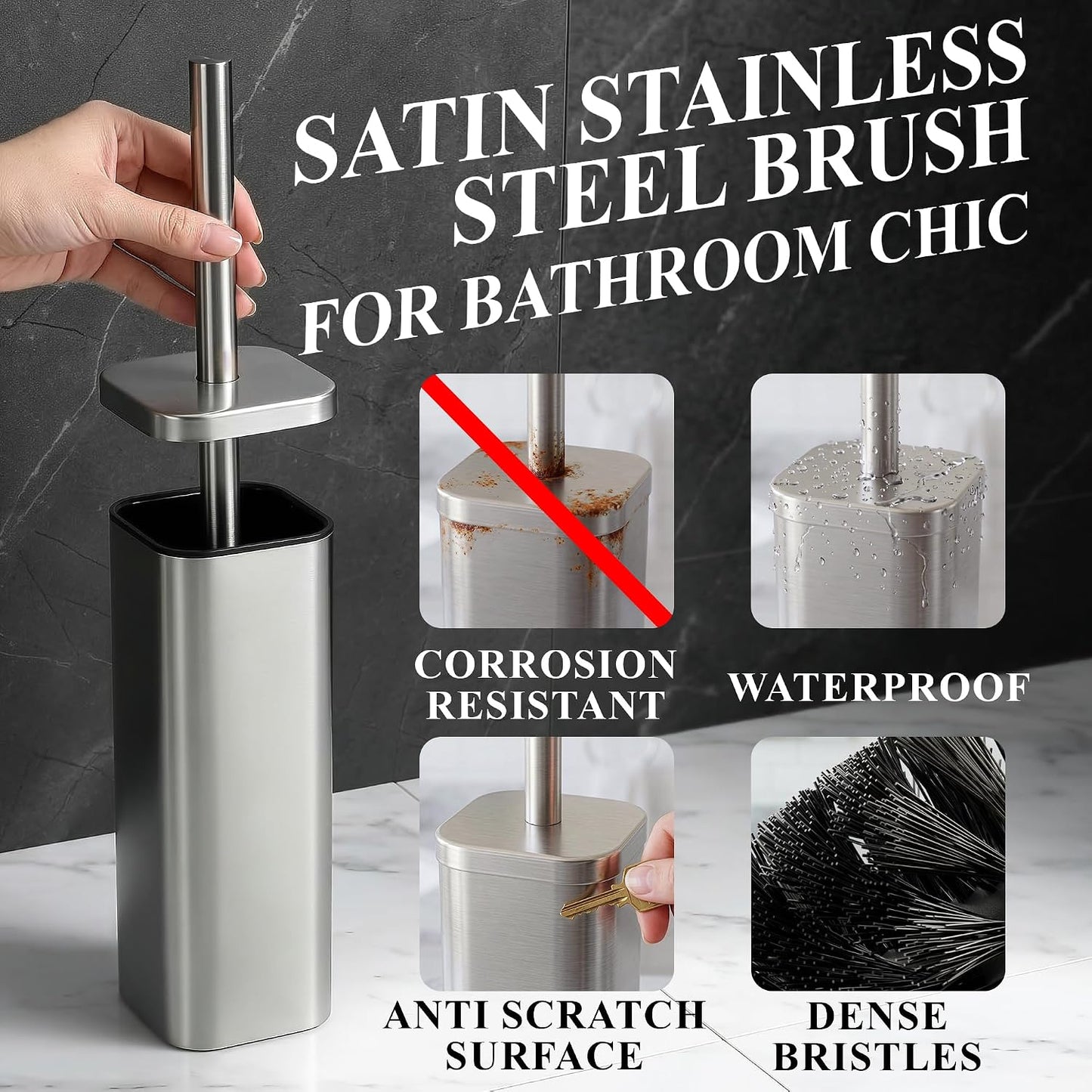 Black Toilet Brush and Holder Set - Slim Matte Design that Fits Anywhere - Stainless Steel Toilet Bowl Brush and Holder with 2 Rounded Corners, Replaceable Head, Removable Inner Bowl & Splash Guard