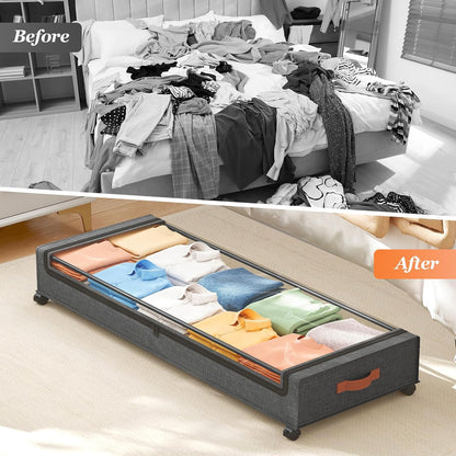 Yecaye Under Bed Storage with Wheels, 2 Pack Under Bed Storage Containers, 60L Underbed Shoe Storage with Clear Window & Label, Rolling Under Bed Metal Drawer for Clothes, Shoes, Books, Blankets