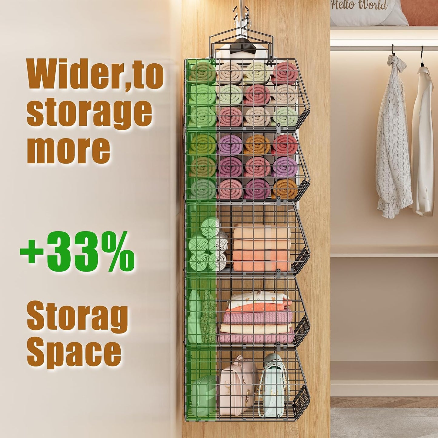 8-Tier Extended Depth Hanging Closet Organizers and Storage for Closet System, Stackable Closet Shelves with 4 Adjustable Dividers for Clothes Sweaters Purses, Wire Hanging Basket Fits Closet Laundry
