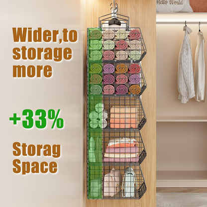 8-Tier Extended Depth Hanging Closet Organizers and Storage for Closet System, Stackable Closet Shelves with 4 Adjustable Dividers for Clothes Sweaters Purses, Wire Hanging Basket Fits Closet Laundry