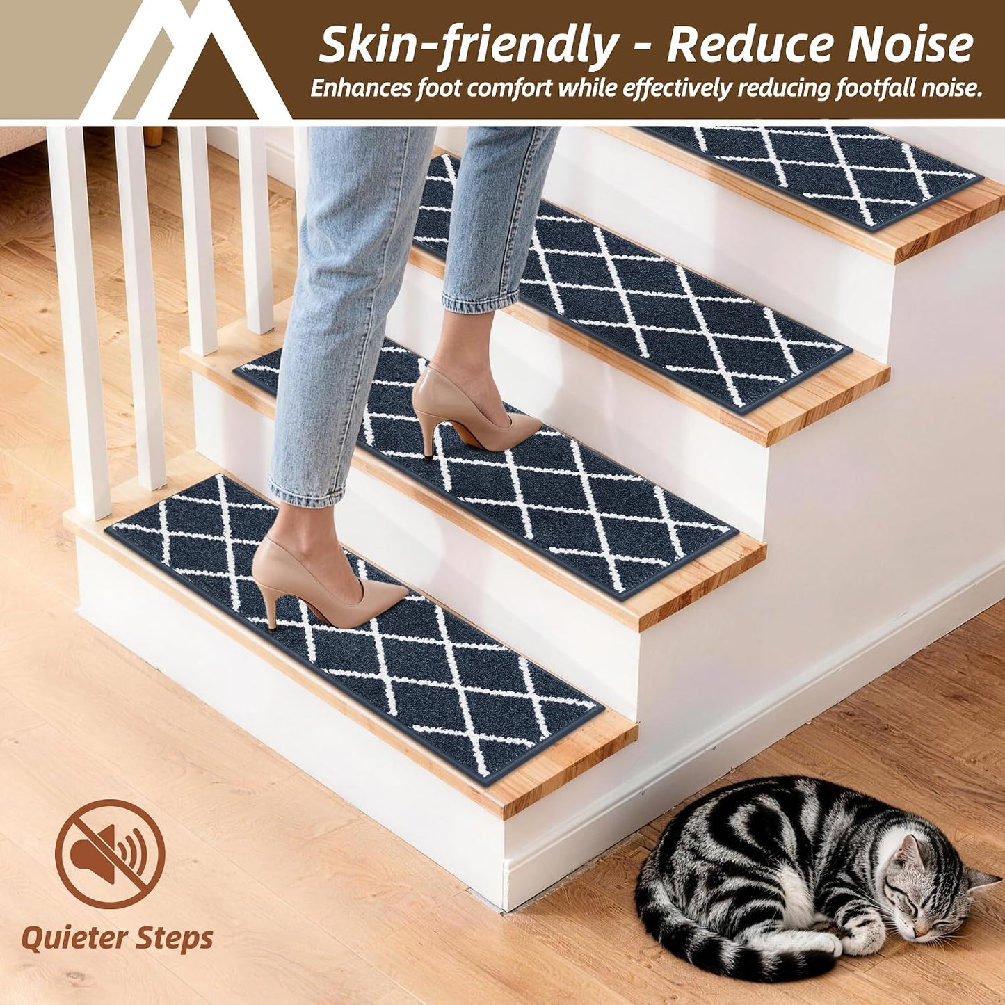 COSY HOMEER Carpet Stair Treads for Wooden Steps Non-Slip Indoor,4pcs, Navy | Peel and Stick,Reusable Adhesive,Residue Free,Washable,Pet Friendly,Soft Stair Runner for Kids,Elders,Multi-Surface Use