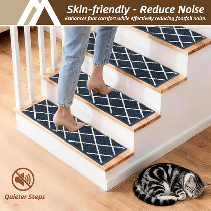 COSY HOMEER Carpet Stair Treads for Wooden Steps Non-Slip Indoor,4pcs, Navy | Peel and Stick,Reusable Adhesive,Residue Free,Washable,Pet Friendly,Soft Stair Runner for Kids,Elders,Multi-Surface Use