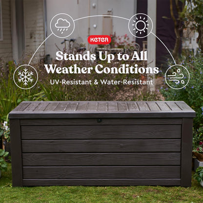Keter 150 Gallon Resin Large Deck Box Organization and Storage Box for Patio, Outdoor Cushions, Garden Tools, Brown | Hydraulic Pistons, Resin, Weatherproof