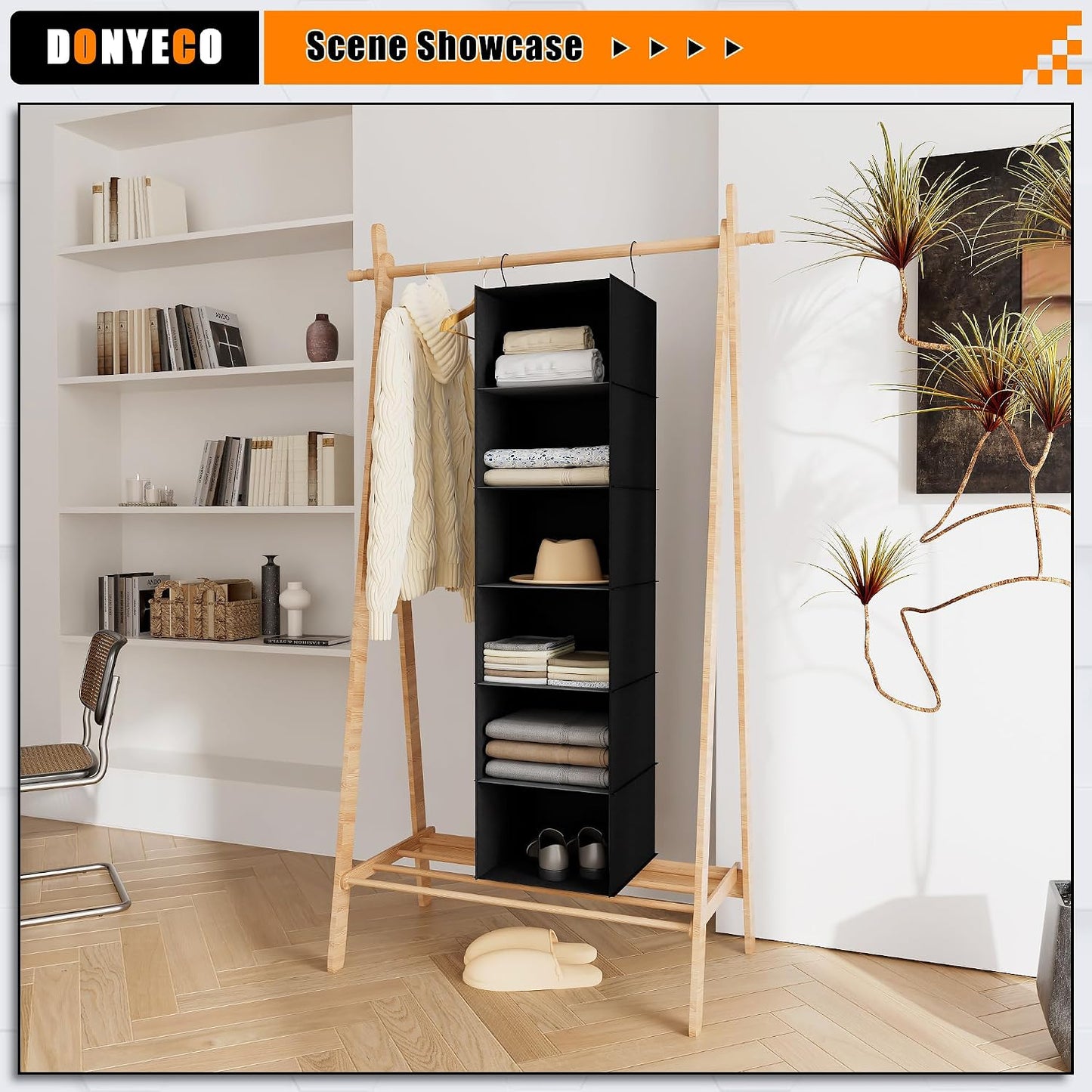 Hanging Closet Organizer 3-Shelf, Oxford Fabric Wardrobe Storage, Gray | Easy-mount foldable design holds clothes, handbags, shoes & accessories; washable Oxford fabric, sturdy and space-saving.