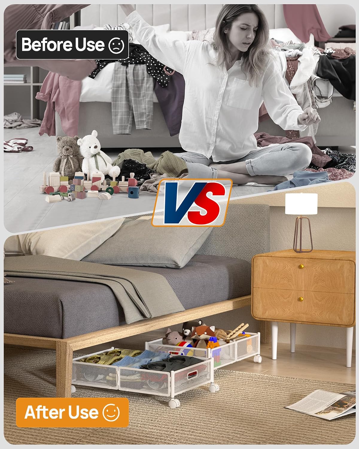 Under Bed Storage with Wheels, Foldable Metal Under Bed Storage Containers, 60L Rolling Underbed Storage, Easy Assembly Under The Bed Storage for Bedroom Clothes Shoes Blankets