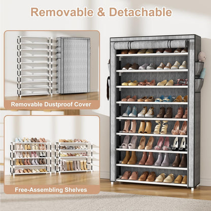 VILICK Shoe Rack with Cover Narrow Shoe Organizer with 4 Side Pockets 10 Tier Tall Shoe Storage Holds 18-22 Pairs Shoes and Boots Shoe Rack for Closet Entryway Garage