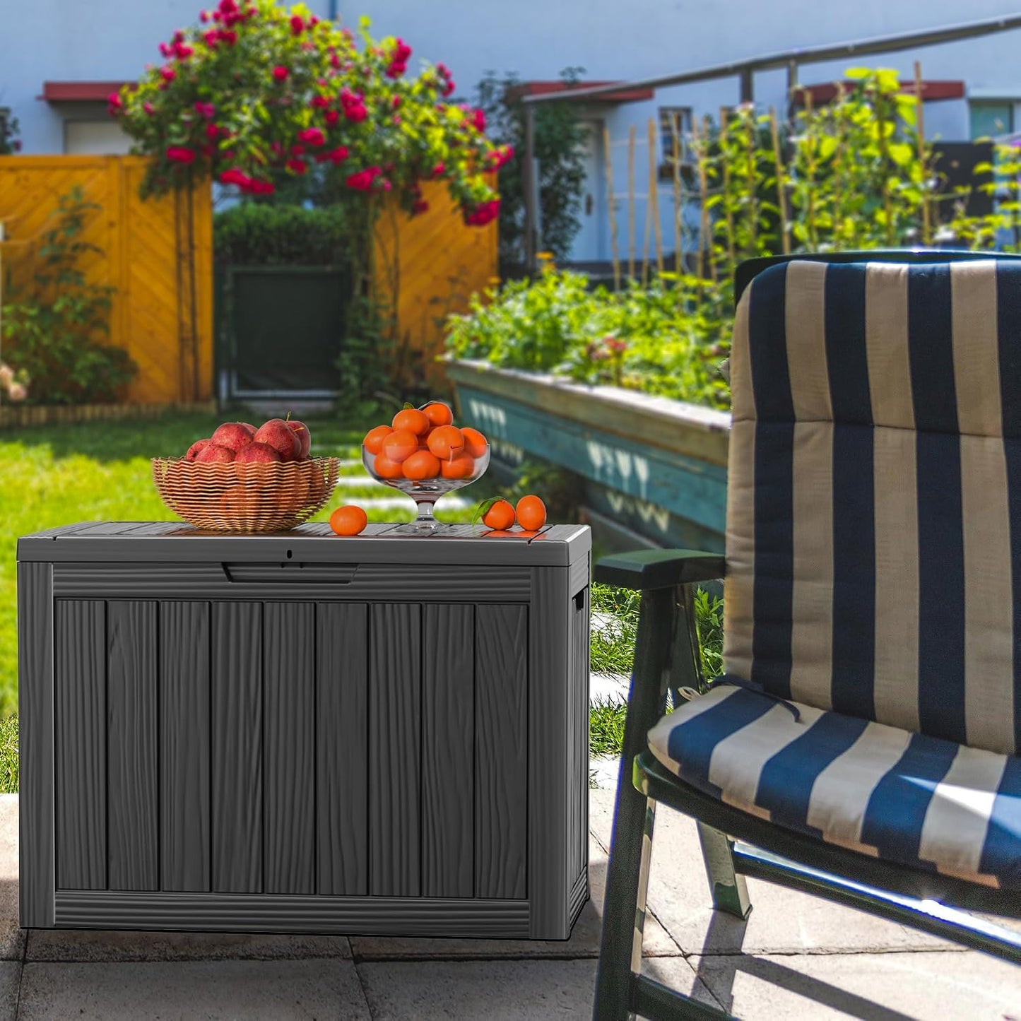 30 Gallon Outdoor Deck Box, Lockable Waterproof Outdoor Storage Boxes For Garden Tools,Indoor Cushions,Accessories Outside Storage Resin Weatherproof Container(Black)
