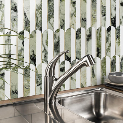 Vamos Peel and Stick Backsplash Seamless Tile for Kitchen and Bathroom,White and Beige Slate PVC Mixed Light Gold Self Adhesive Fish Scale Metal Mosaic Tiles (10 Sheets)