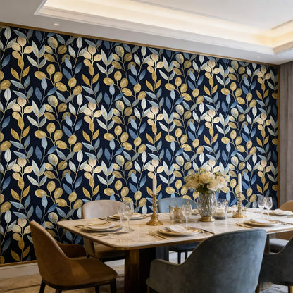Blue Gold Leaf Peel and Stick Wallpaper Modern Self Adhesive Contact Paper Waterproof Removable Wall Paper for Bathroom Living Room 17.7"x70.8" Luxury Decorative Wallpaper